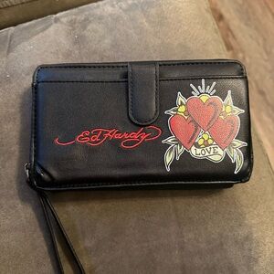 Ed Hardy Black Wallet with Heart and Love Design